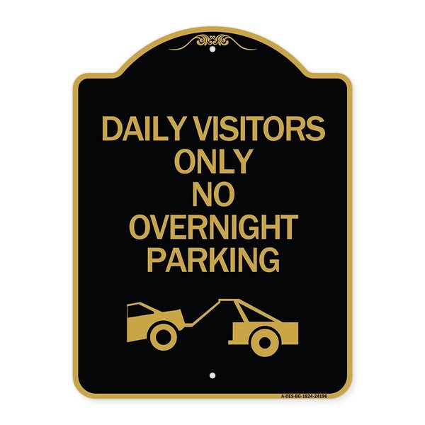Signmission Day Visitors No Overnight Parking W/ Graphic, Black & Gold Aluminum Sign, 18" x 24", BG-1824-24196 A-DES-BG-1824-24196